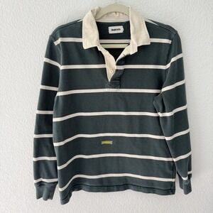 Taylor Stitch Long Sleeve Striped Henley Shirt Mens 38 Green FLAWED READ